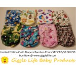 Limited Edition Print Run: Giggle Life Baby Bamboo Cloth Diaper & Two Bamboo Inserts